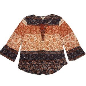 Lucky Brand Womens M  Shirt Pullover Neck Tie Front Top 3/4 Sleeves